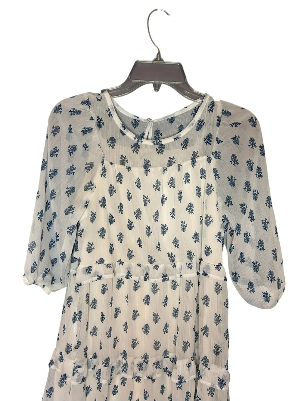 Wonder Nation Girls Boho Floral Dress Size Large 10/12 Cream Blue Tiered Chiffon